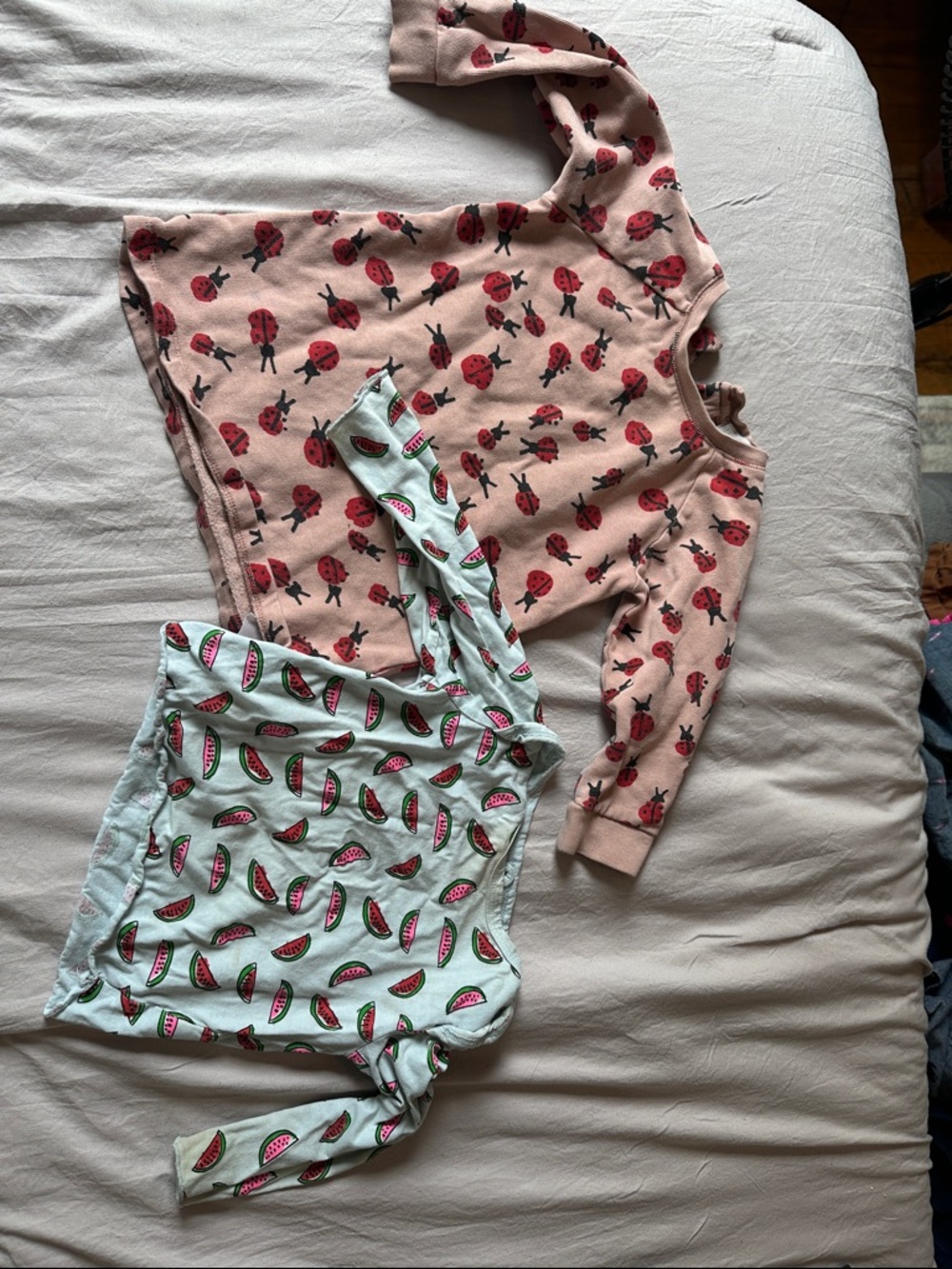 Girls Long Sleeve Pajama Tops - Pink Ladybug & Mint Watermelon Prints